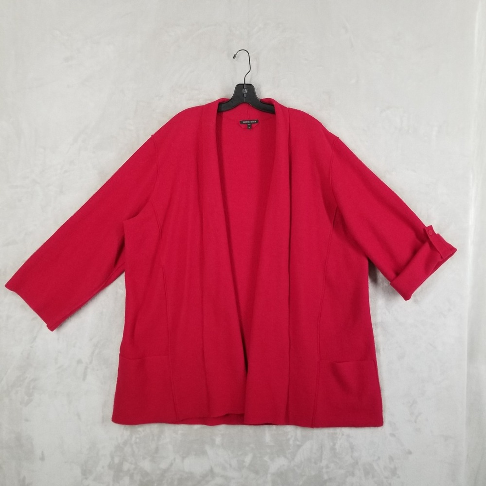 Eileen Fisher Cardigan Women 3X Red 100% Merino Wool Open Front Roll Tab Shacket